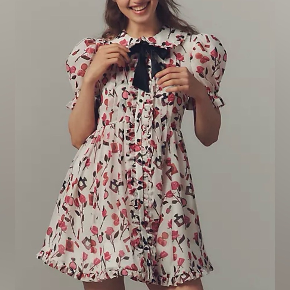 Anisa Makhoul x Maeve Puff-Sleeve Collared Bow-Front Pleated Mini Dress